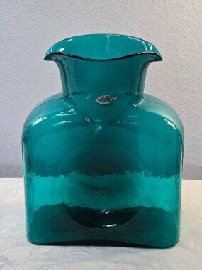 Vintage Style Hand-blown Blenko Green Blue Art Glass Double Spout Water Pitcher